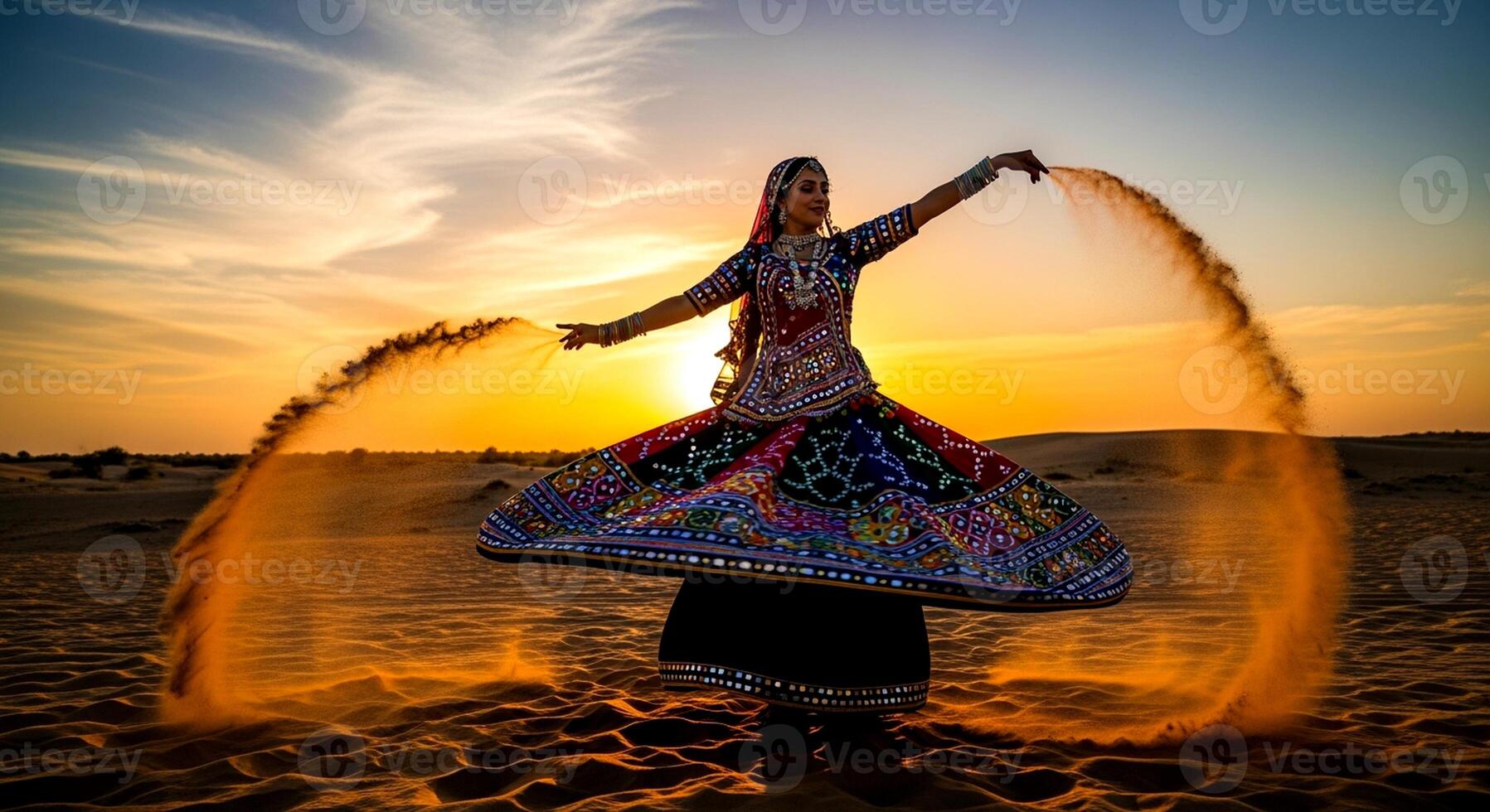 traditional-indian-dancer-in-colorful-dress-performing-in-desert-at-sunset-photo